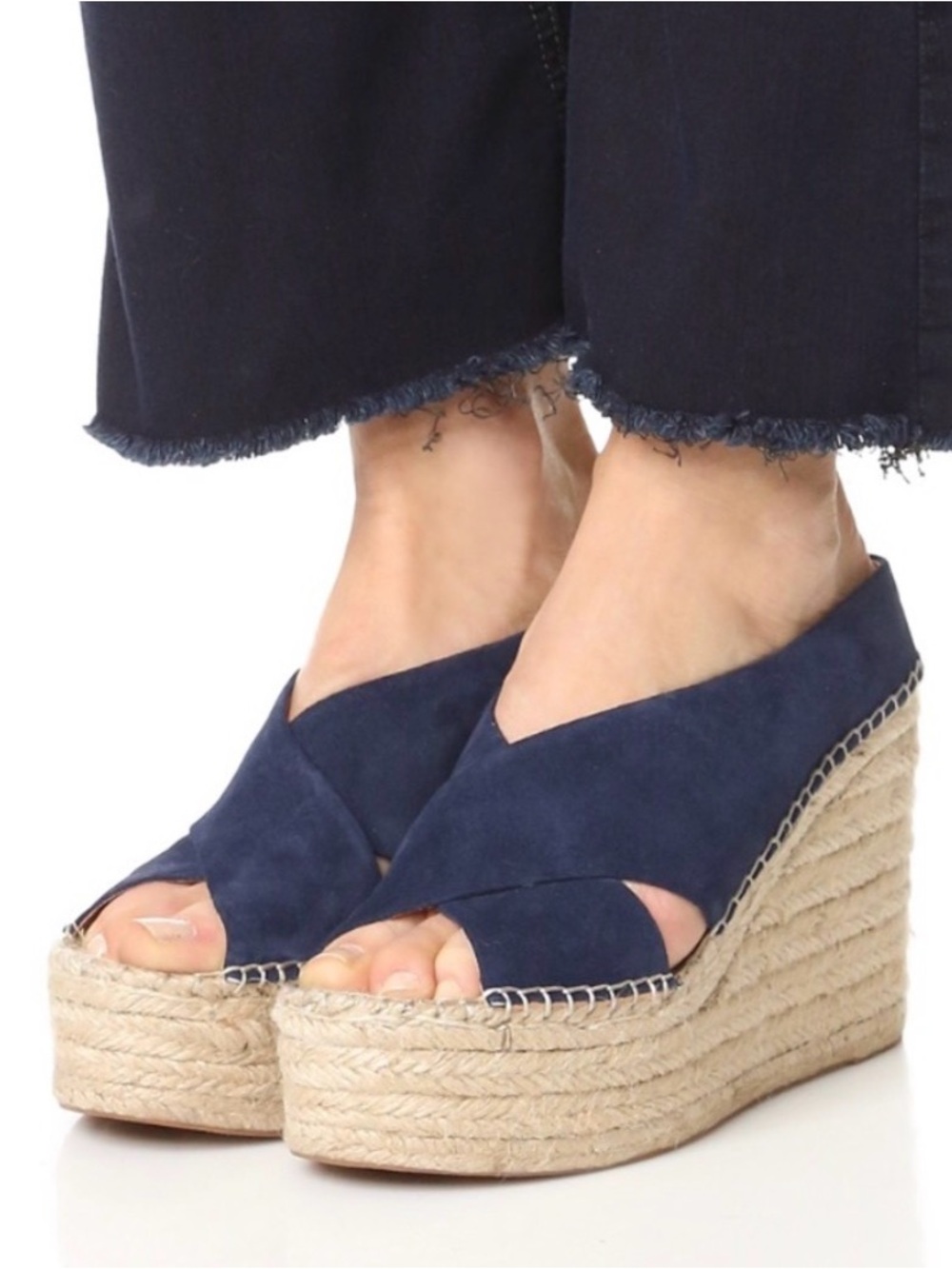Belle by Sigerson Morrison Atifa Navy Suede Crisscross Espadrille Platform Wedge
